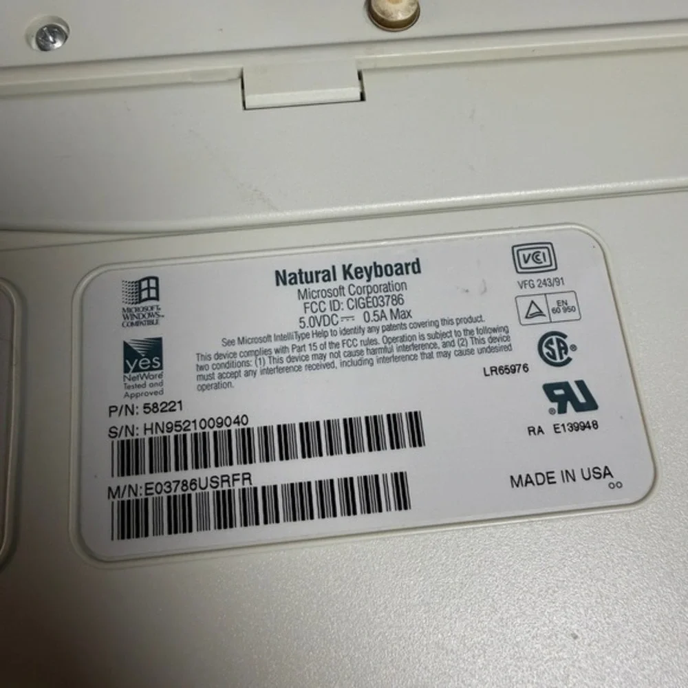 Microsoft Natural Keyboard‎ Elite 58221 White Plastic Ergonomic PS2 Keyboard OS
